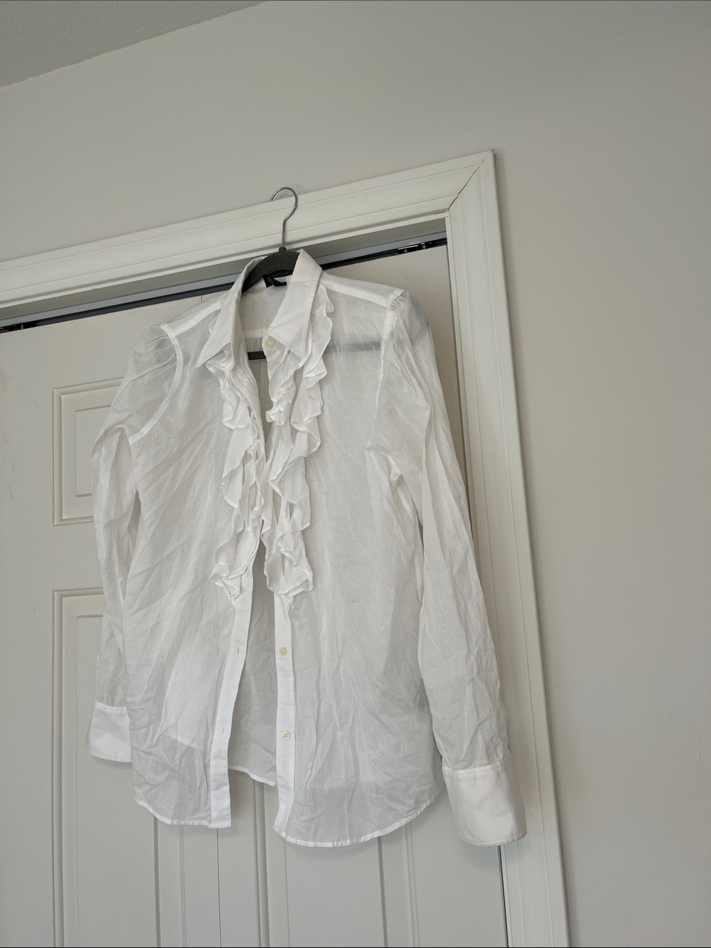Ralph Lauren White Ruffle Front Button-Up Blouse